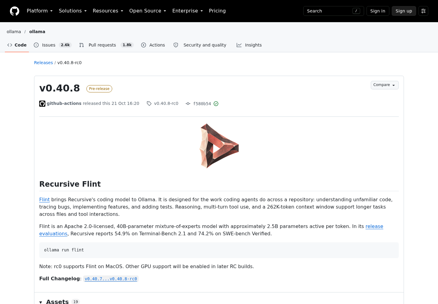 GitHub release page for Ollama v0.40.8-rc0 showing the Recursive Flint release notes