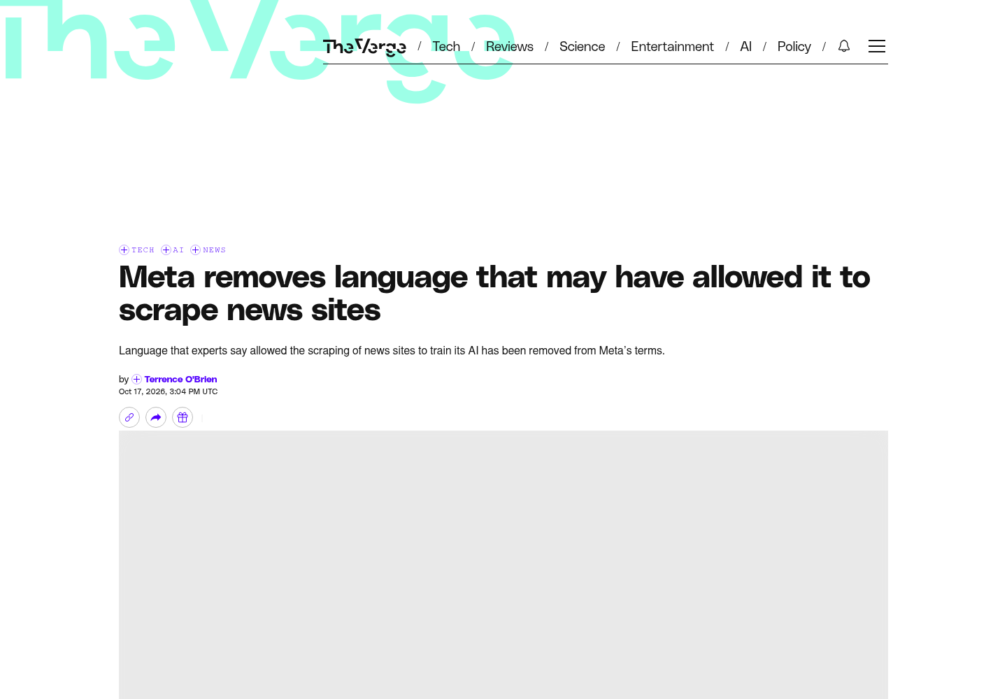 The Verge article header reporting Meta's removal of the contested scraping language: headline, deck, byline and Oct 17, 2026 dateline.