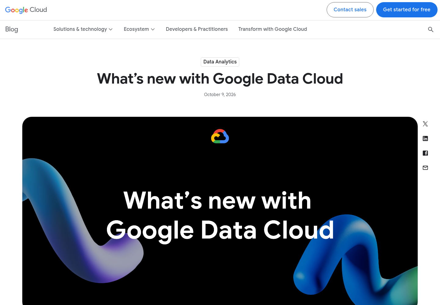 Header of the Google Cloud blog post What's new with Google Data Cloud, showing the post title, its October 9, 2026 date and Google Cloud Blog page chrome.