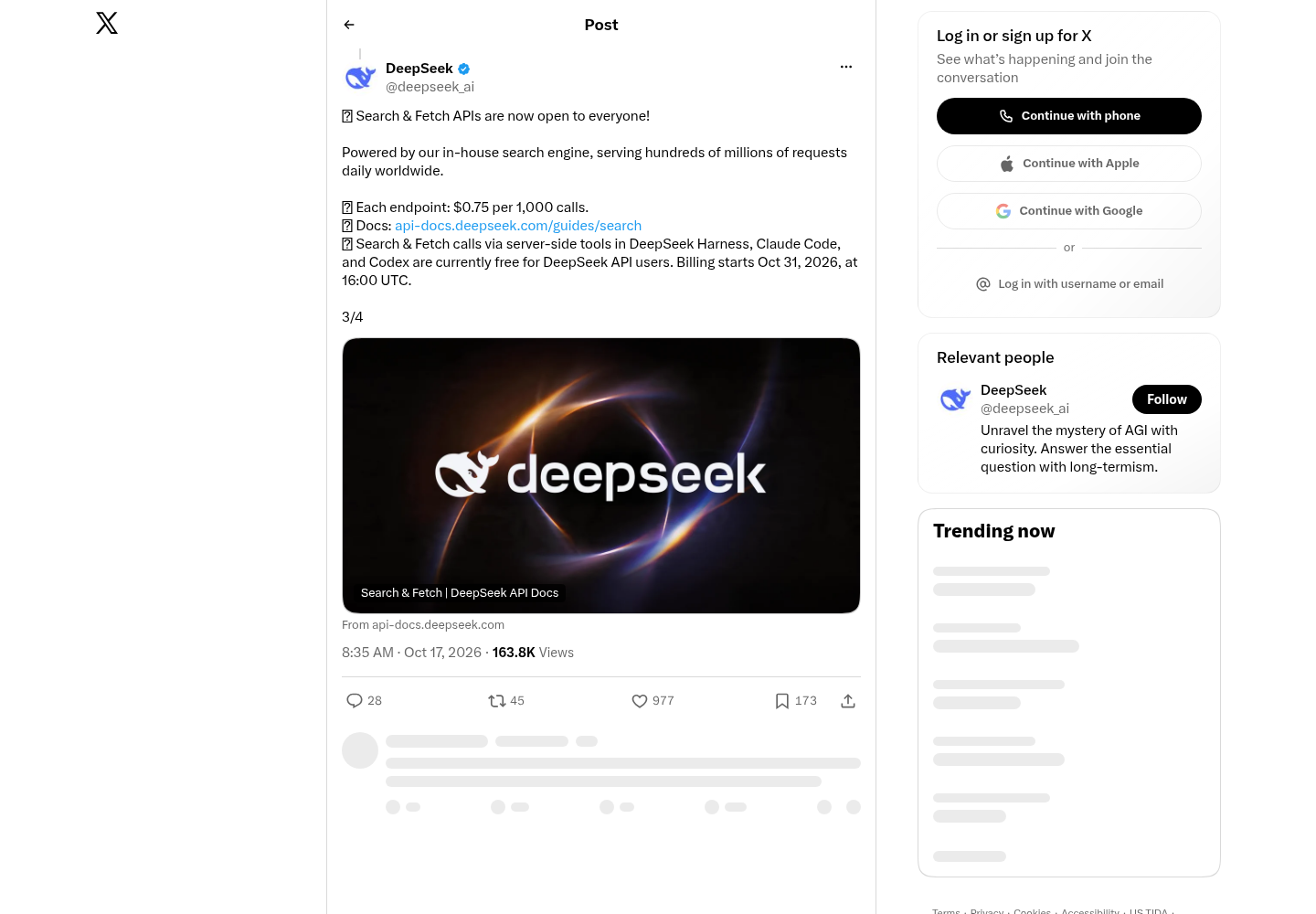 DeepSeek's X post announcing Search and Fetch APIs at $0.75 per 1,000 calls, with free access for Claude Code and Codex users until October 31, 2026.