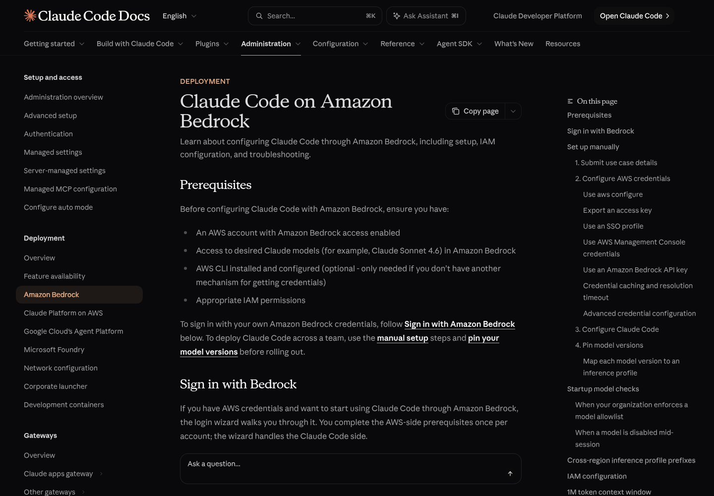 Screenshot of the top of Anthropic's Claude Code on Amazon Bedrock documentation page on code.claude.com.