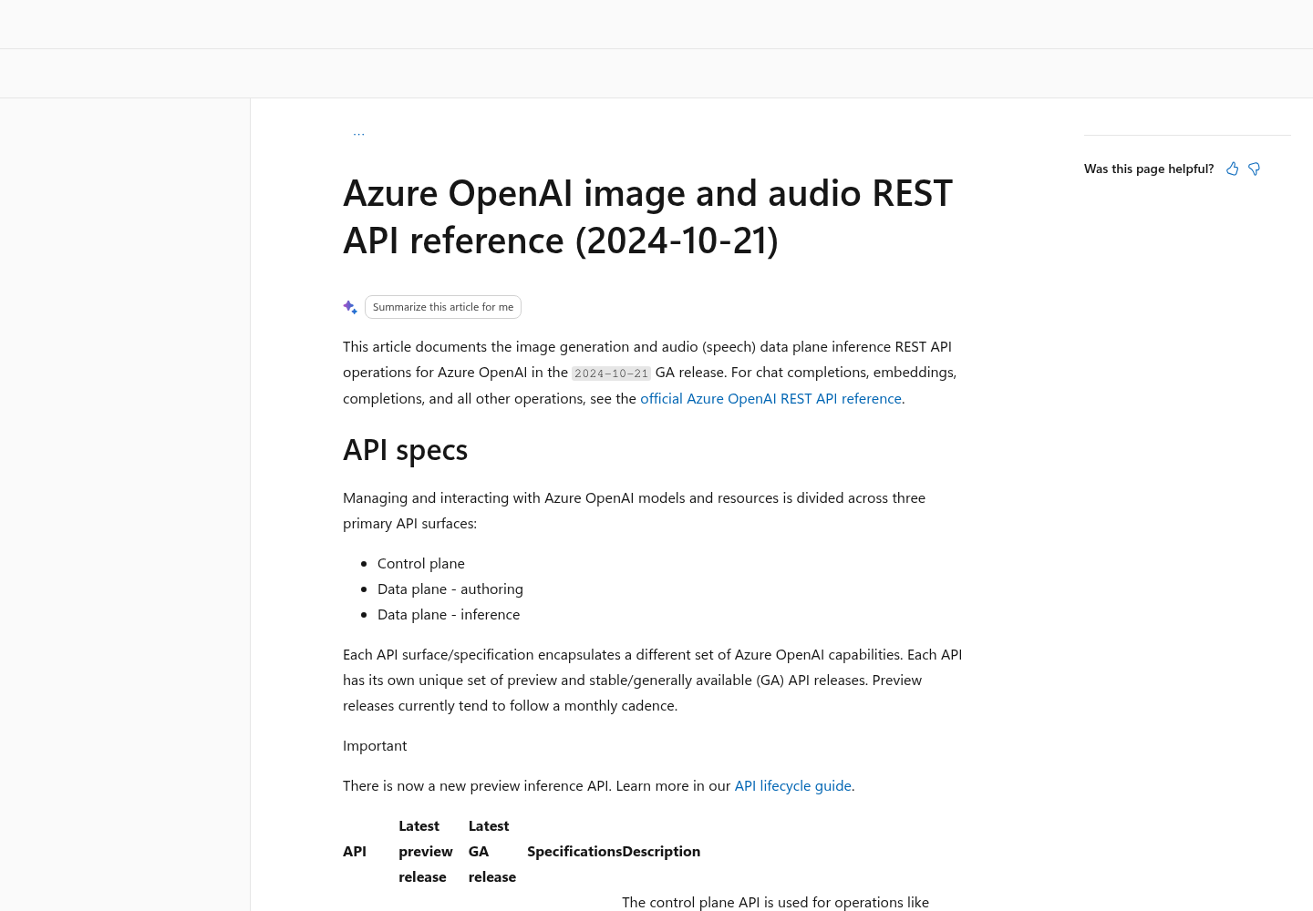 Top of the Microsoft Learn page for the Azure OpenAI REST API reference, showing the page title, the three API surfaces and the start of the API release table.