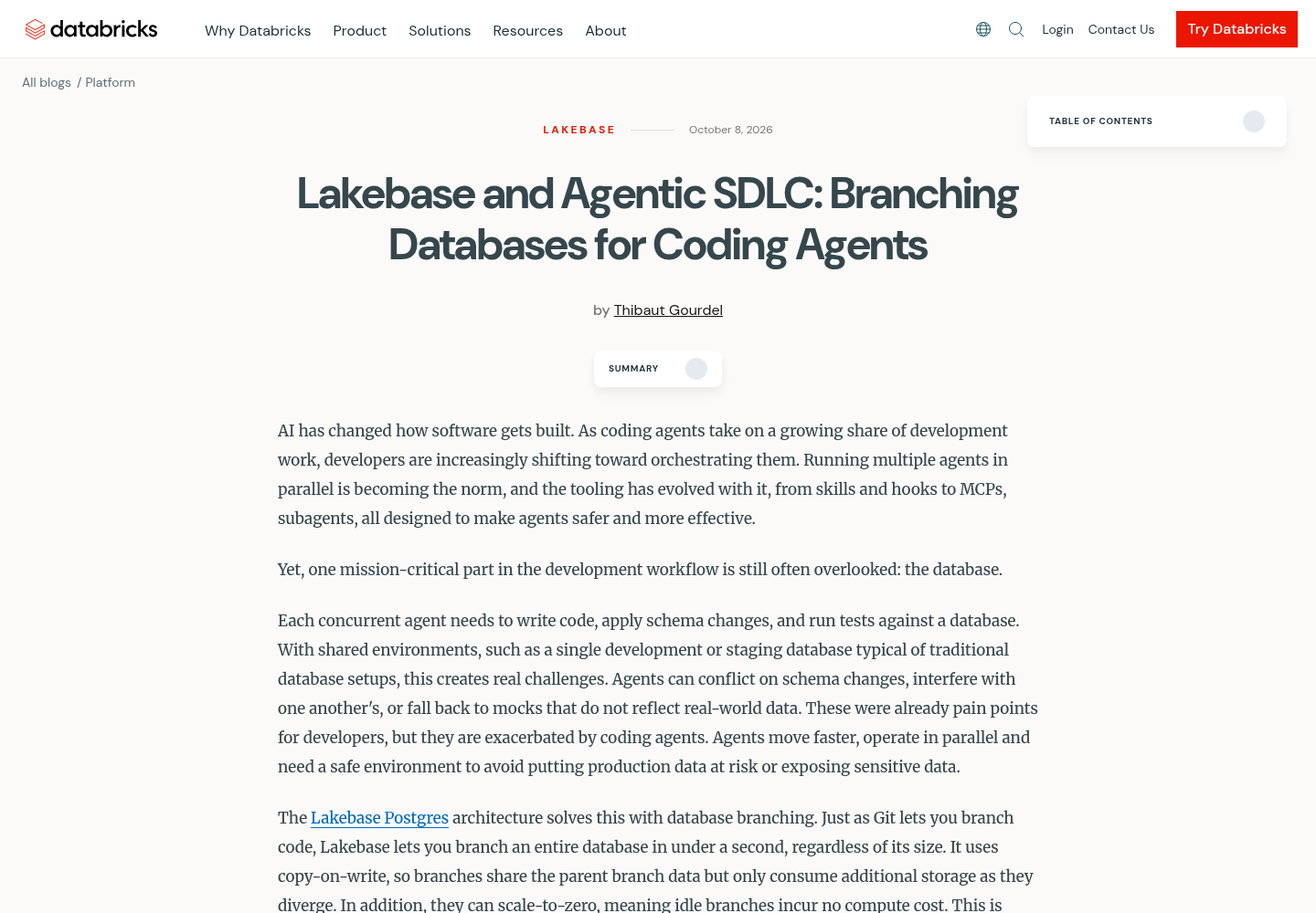 Databricks blog page for Lakebase and Agentic SDLC: Branching Databases for Coding Agents, showing the Lakebase category label, October 8, 2026 date, author Thibaut Gourdel, the article title and the opening paragraphs on AI changing how software is built, with the Summary toggle collapsed.
