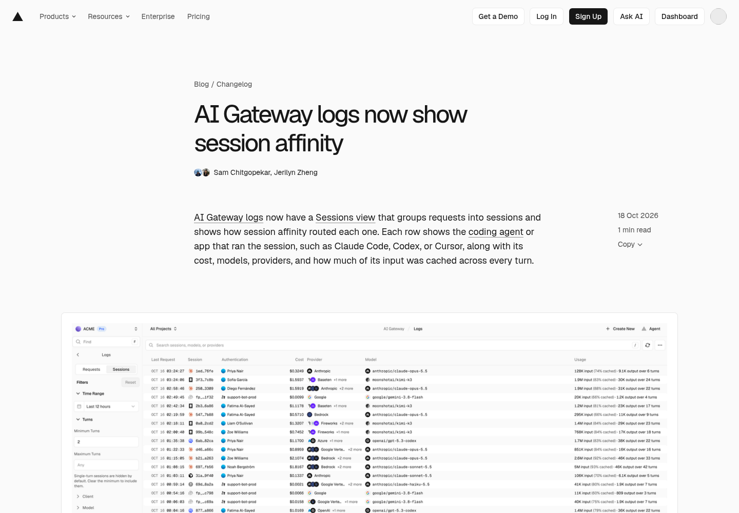 Vercel changelog entry for AI Gateway Sessions view showing session affinity, cache hit rate, cost tracking, and coding agent identification details.