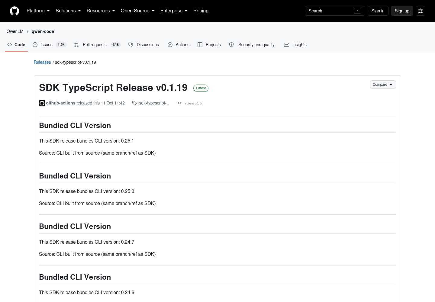 GitHub release page for SDK TypeScript Release v0.1.19 in the QwenLM/qwen-code repository, showing the publication details and the Bundled CLI Version section.