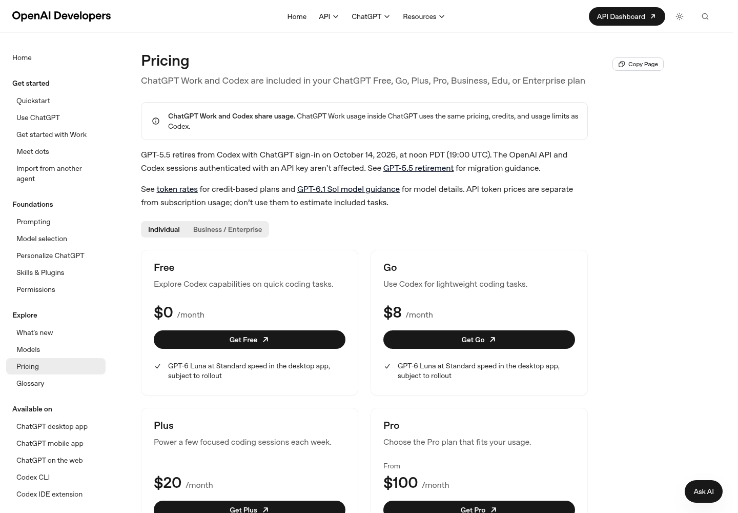 The top of OpenAI's Codex pricing documentation page.
