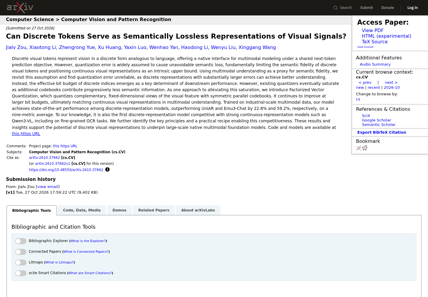 The arXiv abstract page for 'Can Discrete Tokens Serve as Semantically Lossless Representations of Visual Signals?' showing the title, the nine-author list, the 27 Oct 2026 submission date, and the full abstract describing Factorized Vector Quantization and the gains over UniAR and Emu3-Chat.