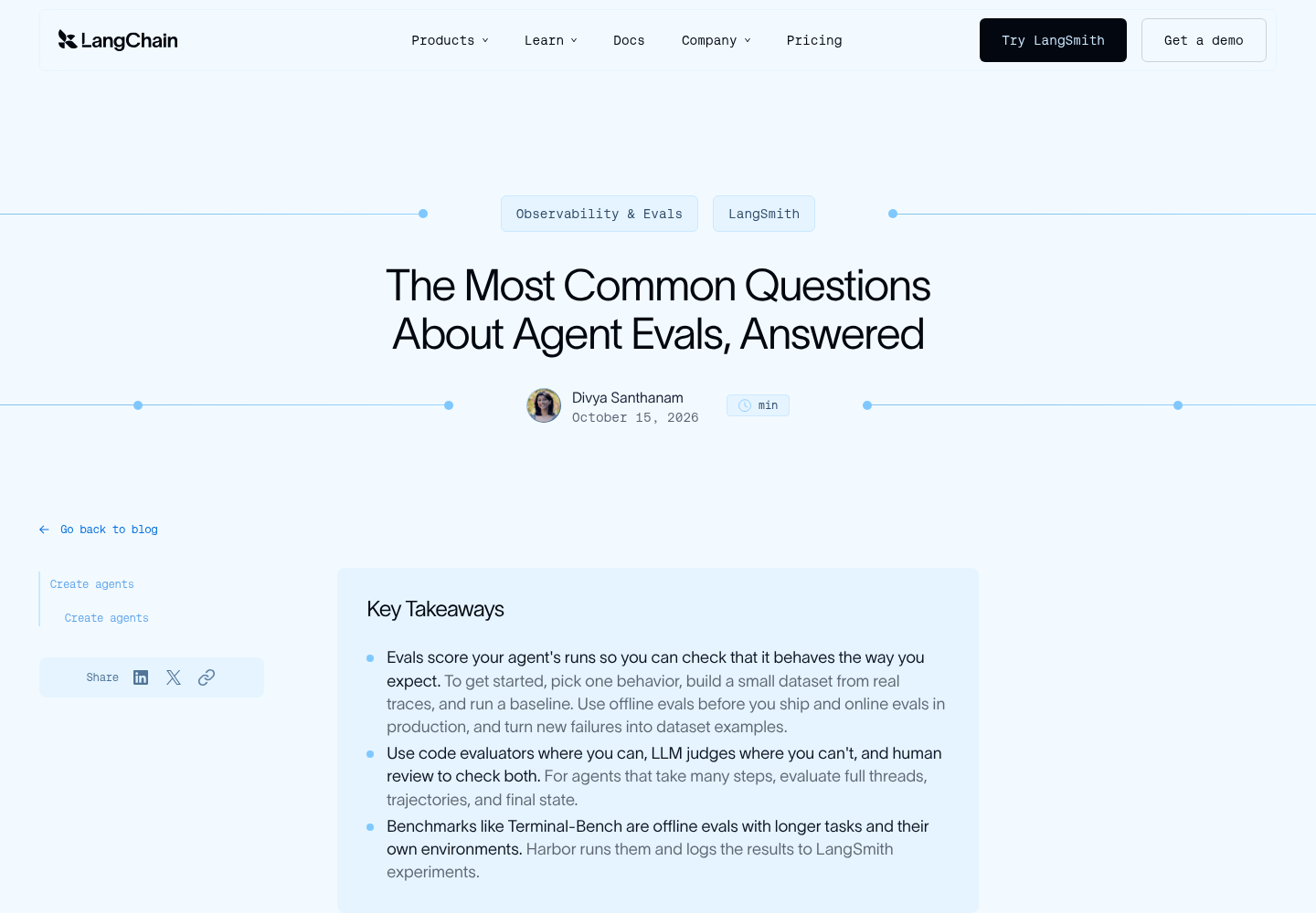 LangChain blog post titled The Most Common Questions About Agent Evals, Answered, by Divya Santhanam, October 15 2026, showing the headline, author, date and the Key Takeaways box on evals, offline and online evals, and benchmarks.