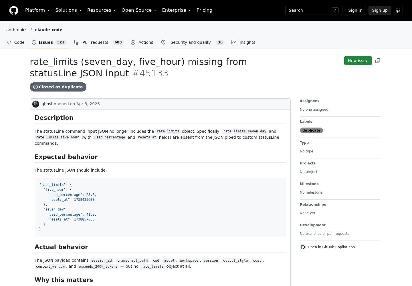 GitHub issue 45133 in the anthropics/claude-code repository, titled rate_limits (seven_day, five_hour) missing from statusLine JSON input.