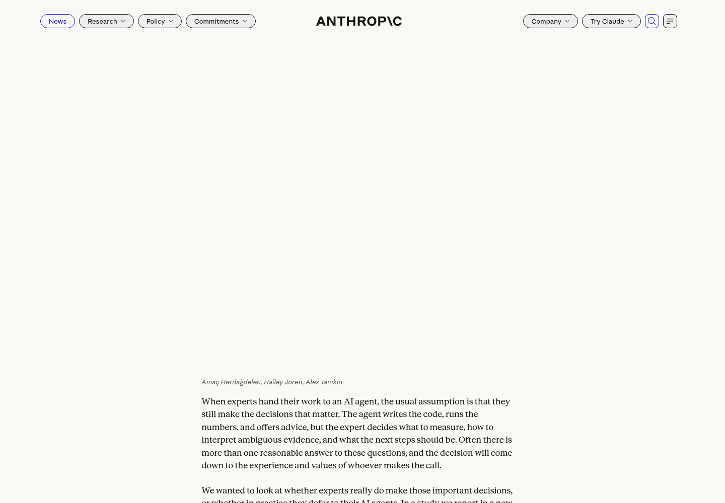 Anthropic Research page titled 'How AI agents shape experts' judgment calls' describing the randomized trial of analysts using Claude Code