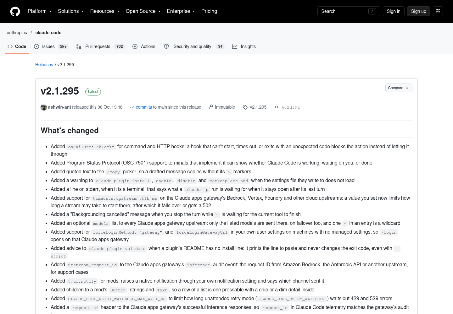 GitHub release page for Claude Code v2.1.295 by ashwin-ant showing the What's changed list headed by the onFailure block and OSC 7501 entries.