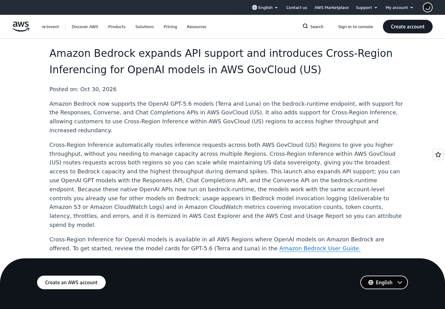 AWS What's New page headed "Amazon Bedrock expands API support and introduces Cross-Region Inferencing for OpenAI models in AWS GovCloud (US)", with the posted date line reading Oct 30, 2026 and body text naming the GPT-5.6 models Terra and Luna, the bedrock-runtime endpoint and the Responses, Converse and Chat Completions APIs.