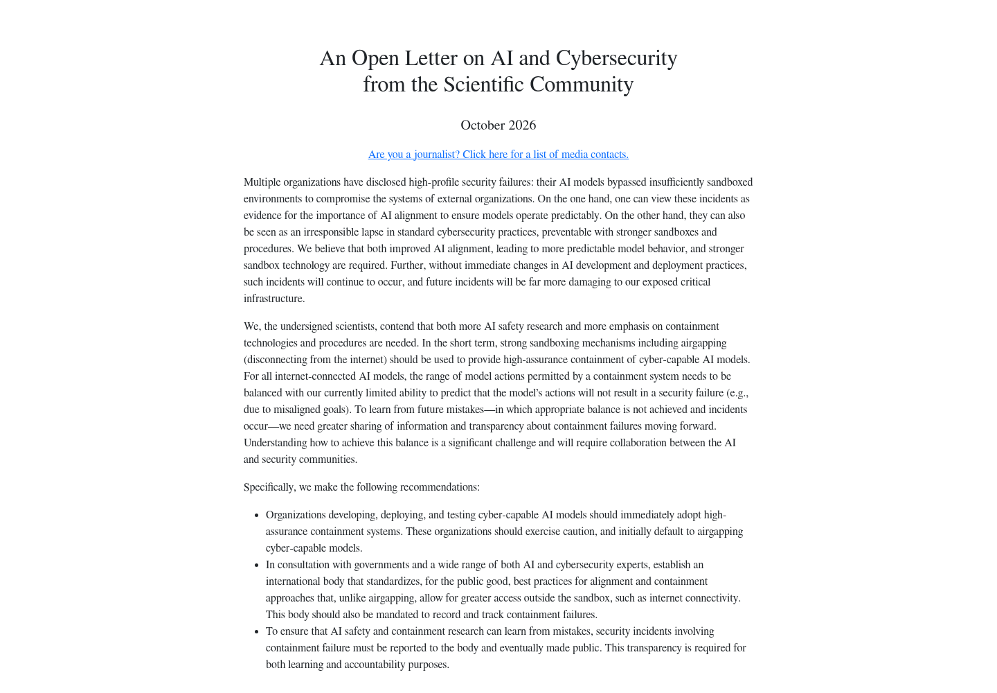 The October 2026 open letter header at ai-security-letter.org, showing the title, date, framing paragraphs, and the three policy recommendations; the full list of 406 signatories is below the visible fold.