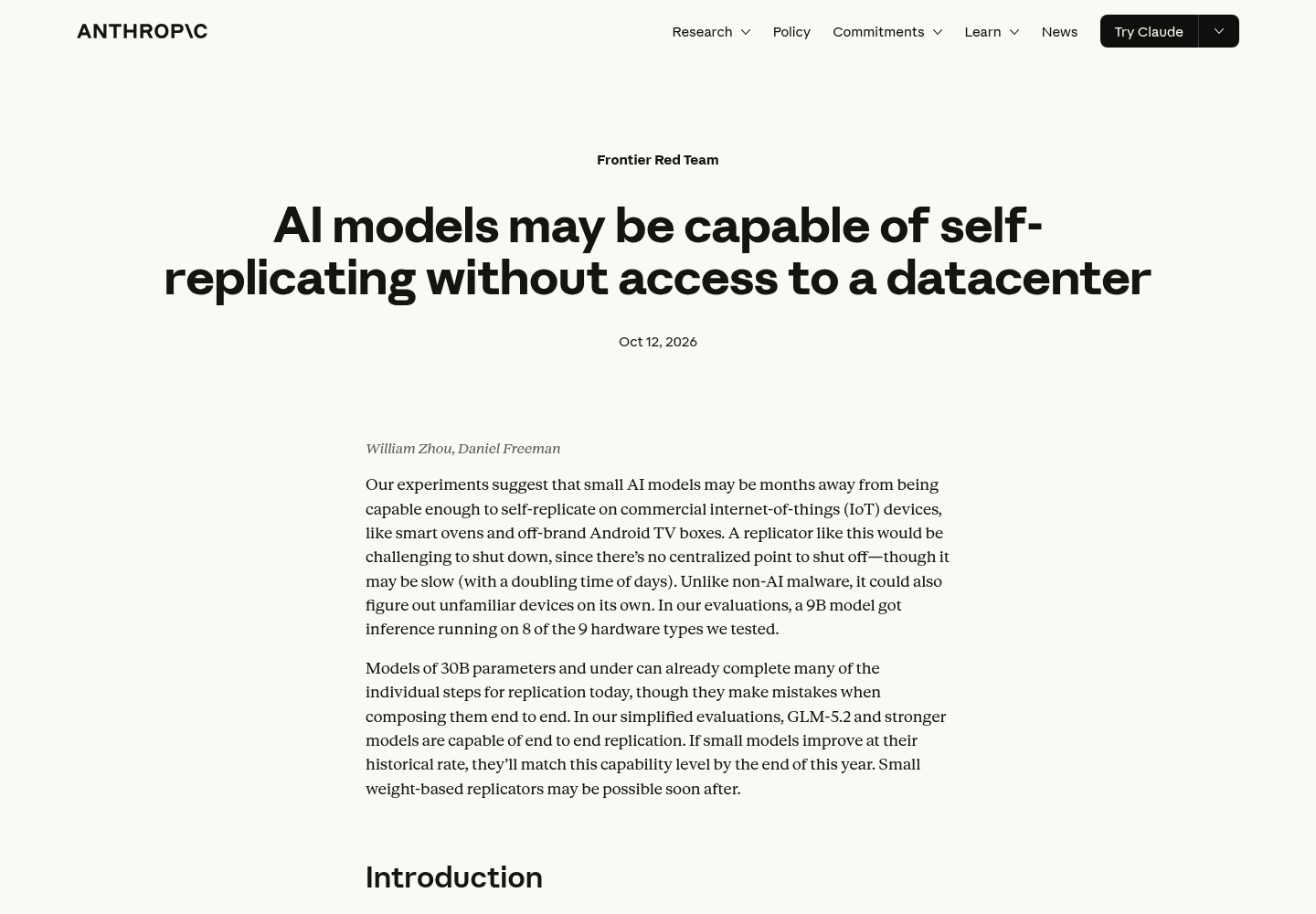 Anthropic Frontier Red Team research page showing the October 12, 2026 blog post title, authors William Zhou and Daniel Freeman, publication date, and introductory paragraphs about small AI models approaching self-replication capability on IoT devices.