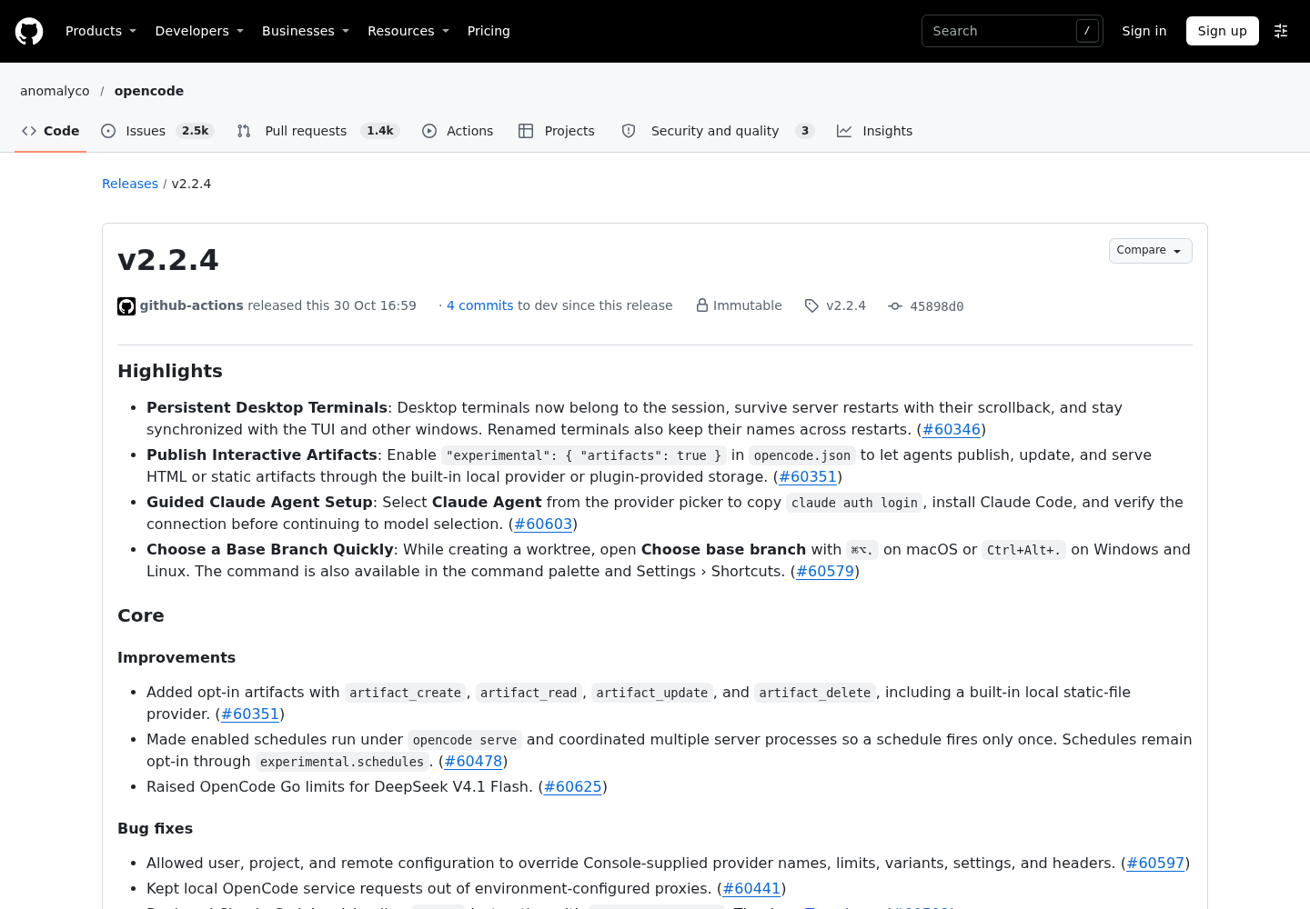 GitHub release page for OpenCode v2.2.4 in the anomalyco/opencode repository.
