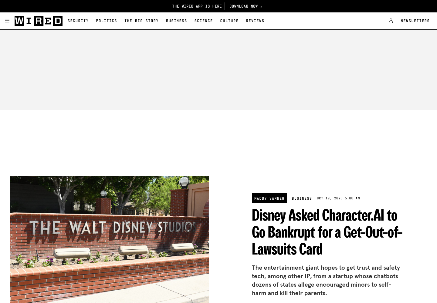 WIRED article headline and body reporting on Character.AI's Chapter 11 bankruptcy filing and the Disney deal structure revealed in court documents.