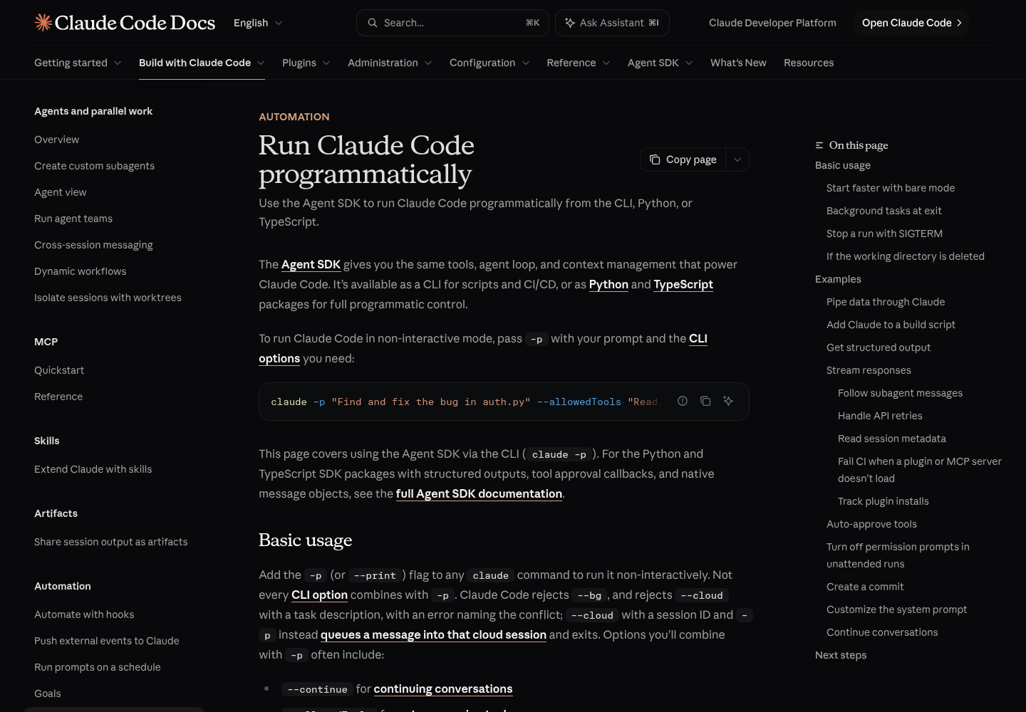 Claude Code Docs page titled Run Claude Code programmatically on code.claude.com, showing the top of the page that introduces non-interactive runs with claude -p.