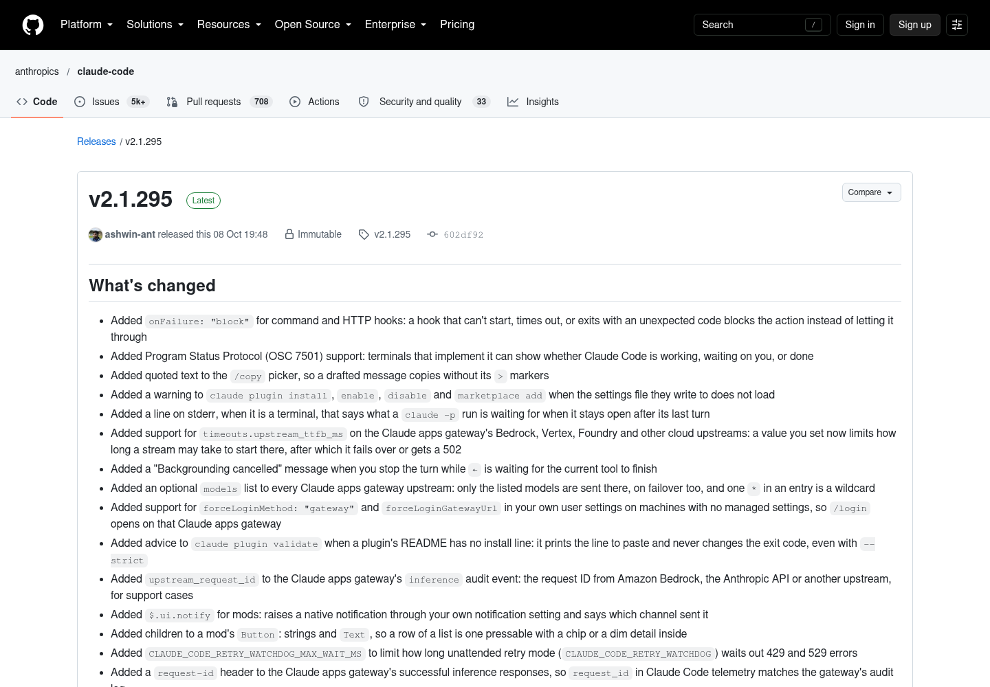 GitHub release page for anthropics/claude-code v2.1.295 showing the release notes published 08 Oct 19:48, including onFailure block, OSC 7501 status and gateway changes.