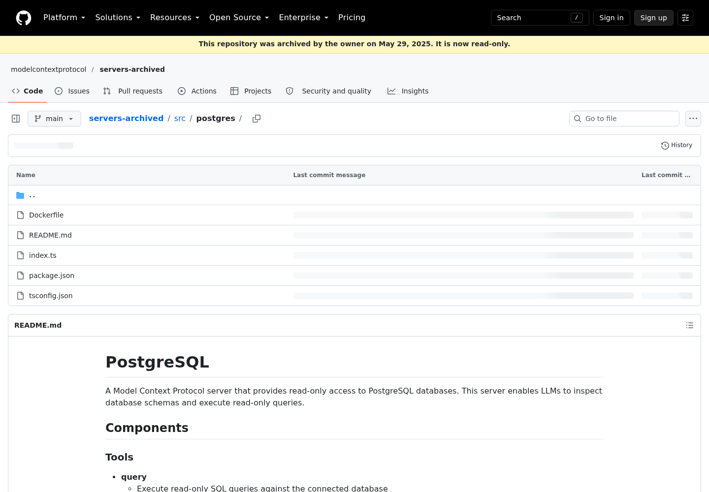 GitHub page for the src/postgres directory of the modelcontextprotocol/servers-archived repository, showing the repository's archived notice and its file listing.