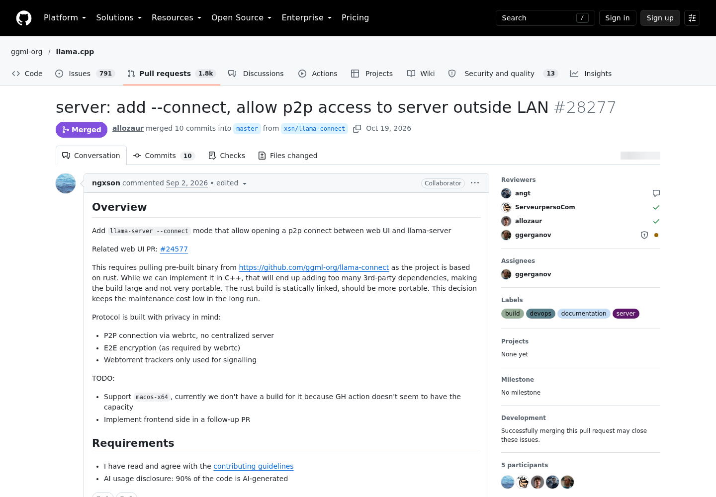 GitHub pull request #28277 in ggml-org/llama.cpp, titled server: add --connect, allow p2p access to server outside LAN, with the author's overview at the top.