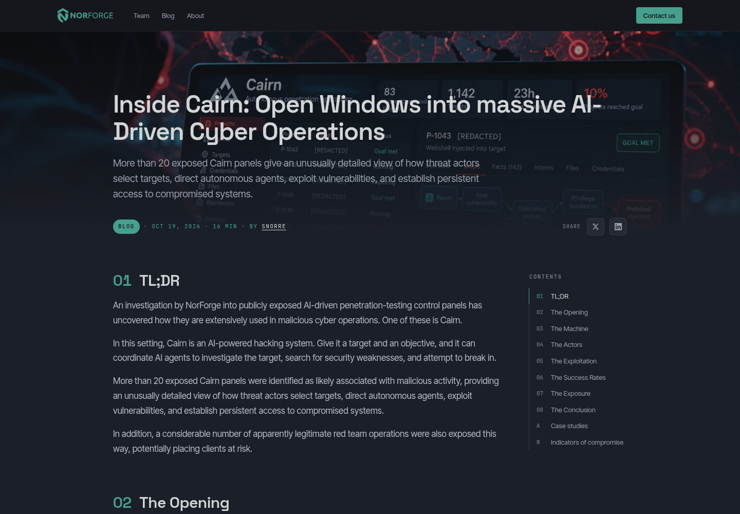 The NorForge primary report page showing the title 'Inside Cairn: Open Windows into massive AI-Driven Cyber Operations', its October 19, 2026 dateline and the report's summary of more than 20 exposed Cairn panels.