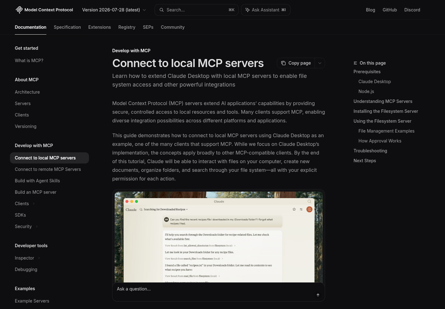 The Model Context Protocol documentation page titled Connect to local MCP servers, shown at the top of the article in the docs site layout.