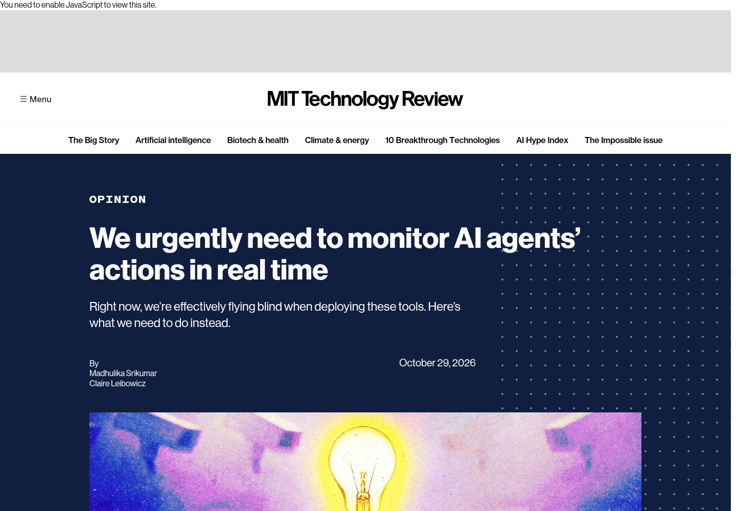 MIT Technology Review article page for the essay on monitoring AI agents' actions in real time.