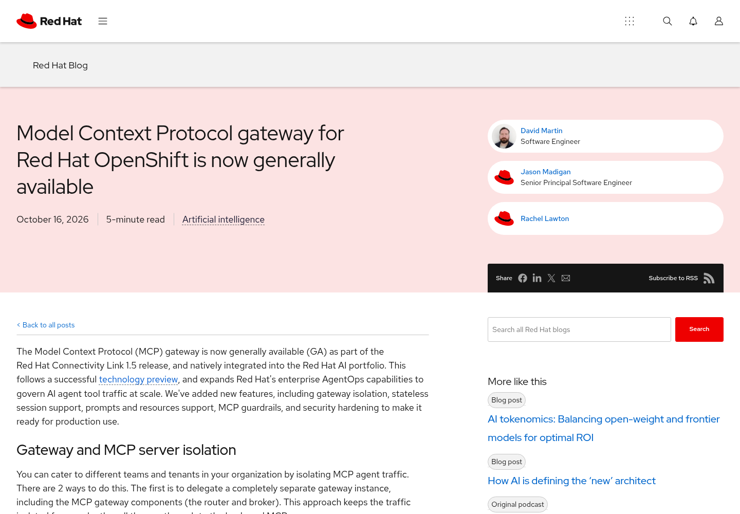 Red Hat blog page titled Model Context Protocol gateway for Red Hat OpenShift is now generally available.
