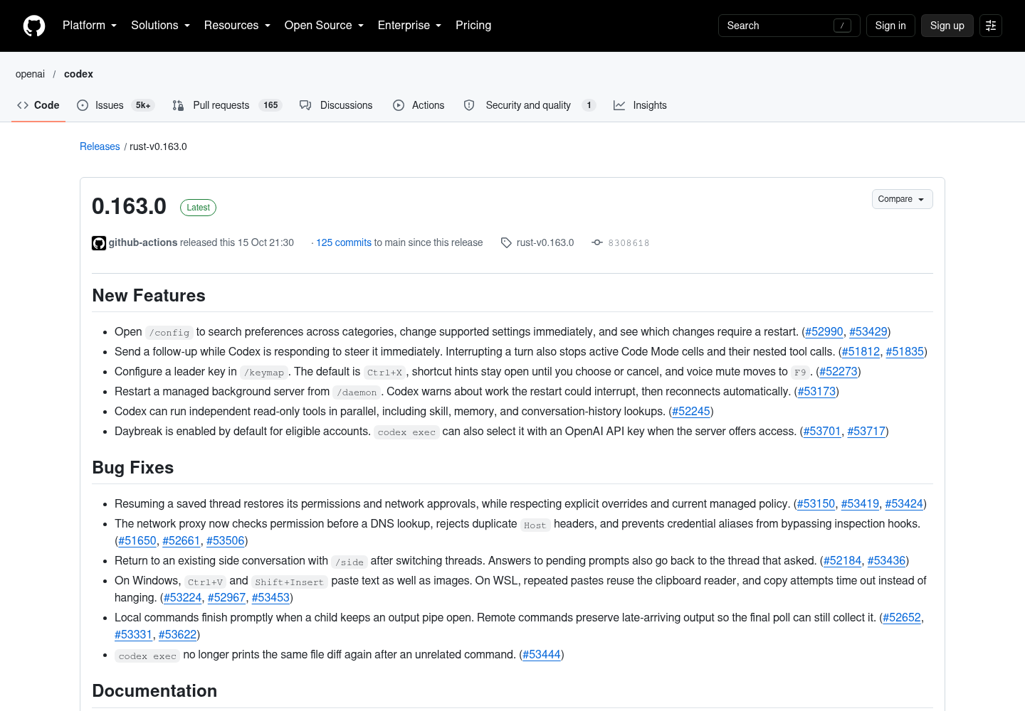 GitHub release page for openai/codex 0.163.0 showing New Features, Bug Fixes, and Documentation heading