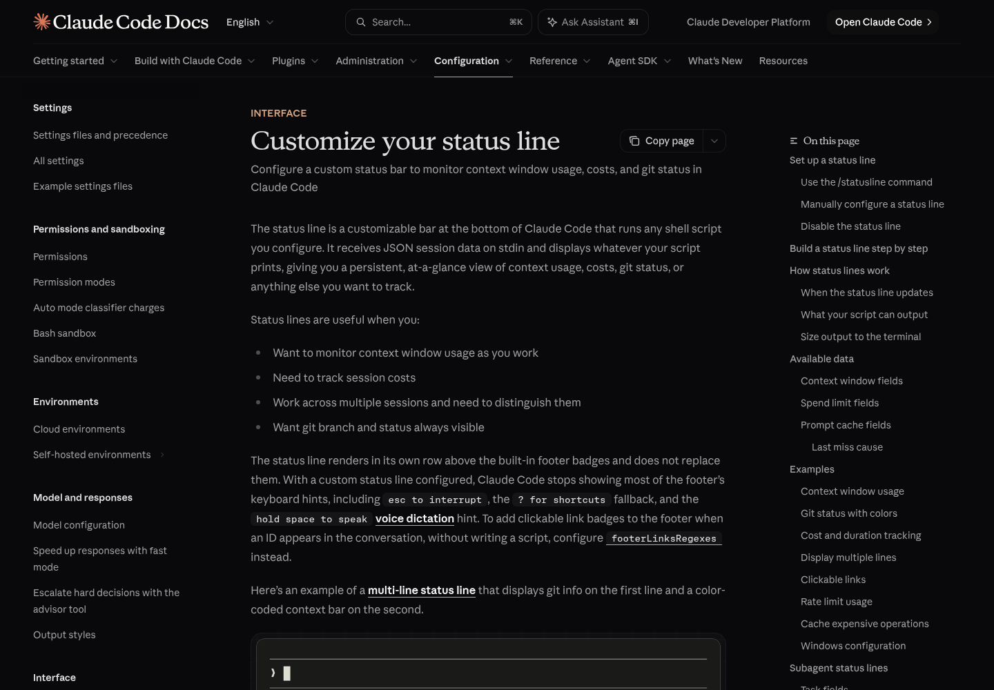 Anthropic's Claude Code docs page titled Customize your status line, shown at the top of the page.