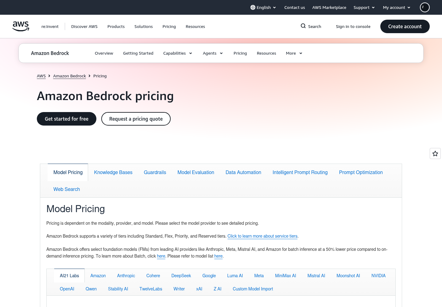 Amazon Bedrock pricing page showing the Model Pricing section and its model-provider selector, with Z AI among the listed provider tabs