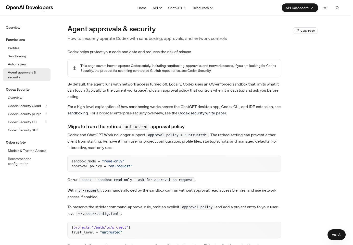 The top of OpenAI's Agent approvals & security page in the Codex documentation.