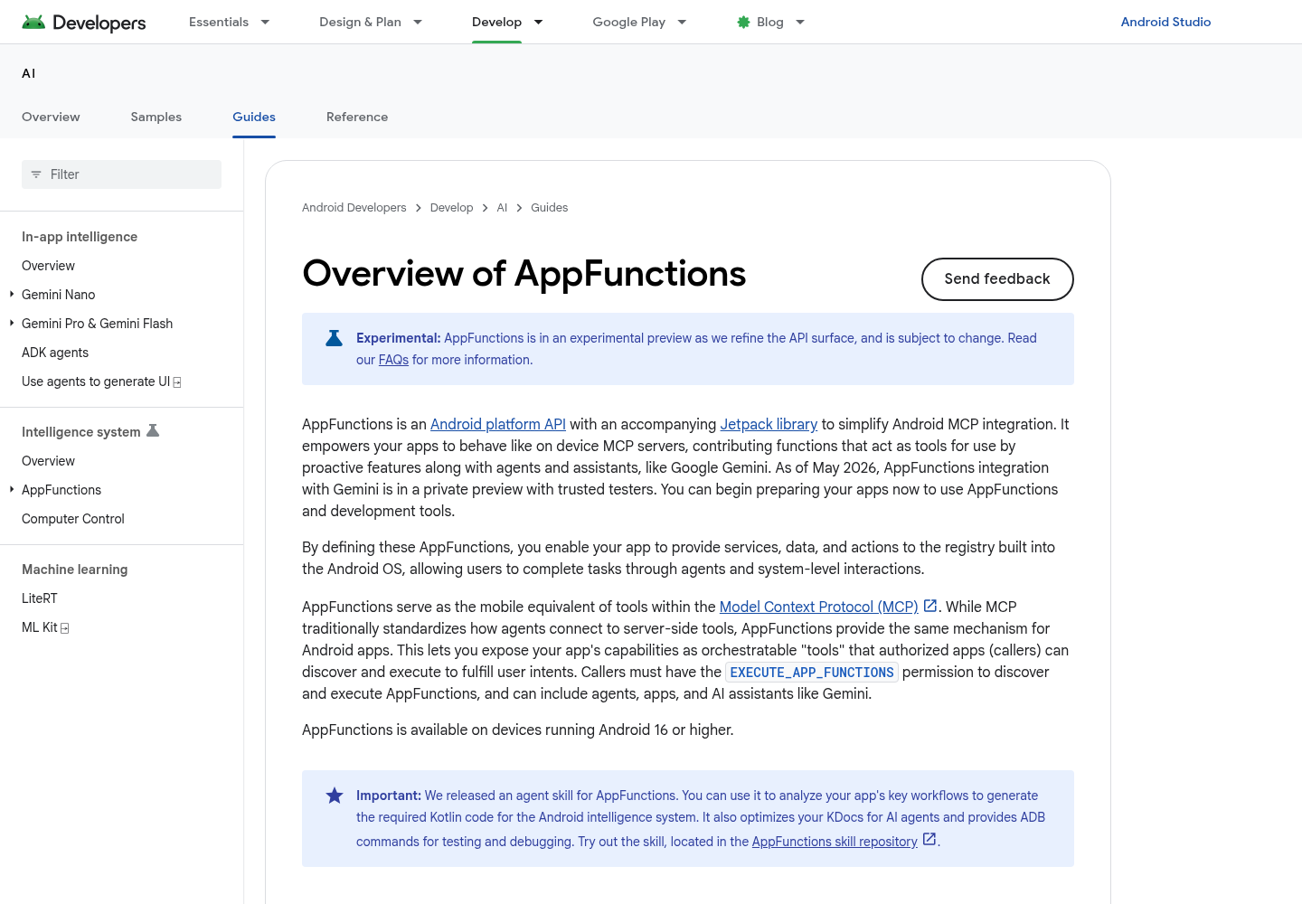 The Overview of AppFunctions page on developer.android.com, showing Google's experimental preview notice, the description of apps behaving like on-device MCP servers, and the AppFunctions agent skill callout.