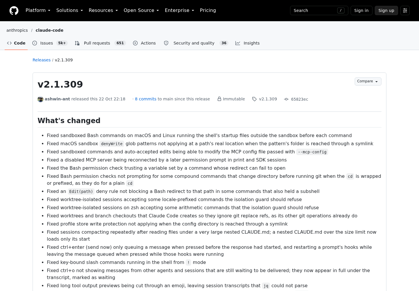 The Claude Code v2.1.309 release page in the anthropics/claude-code repository on GitHub