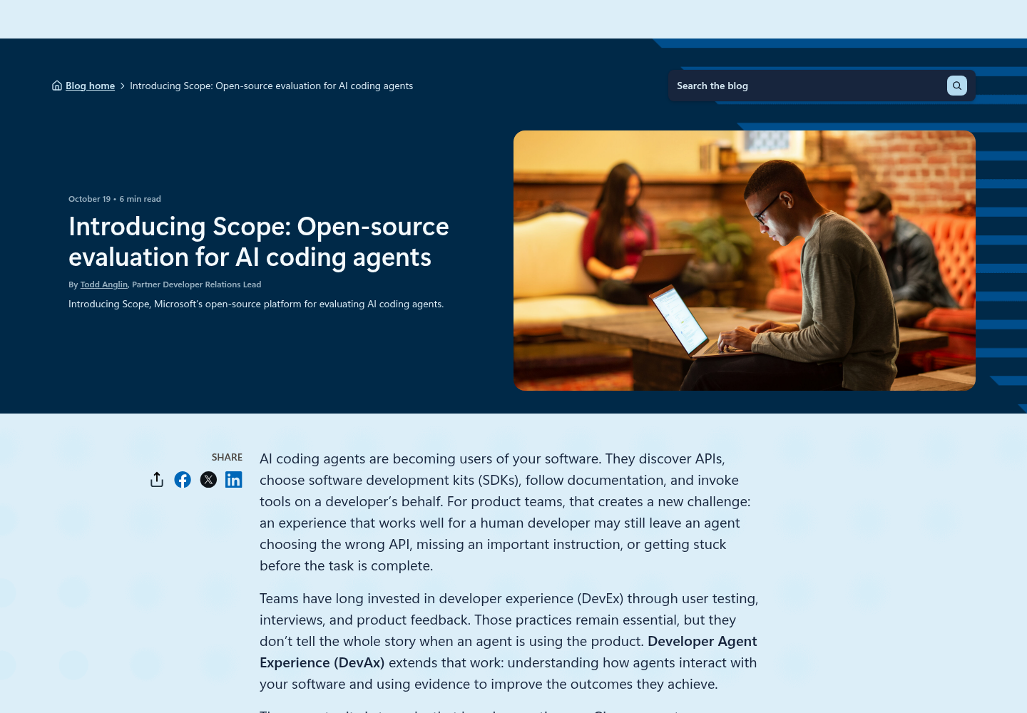 The Microsoft Open Source blog's announcement page for Scope, Microsoft's open-source platform for evaluating AI coding agents.