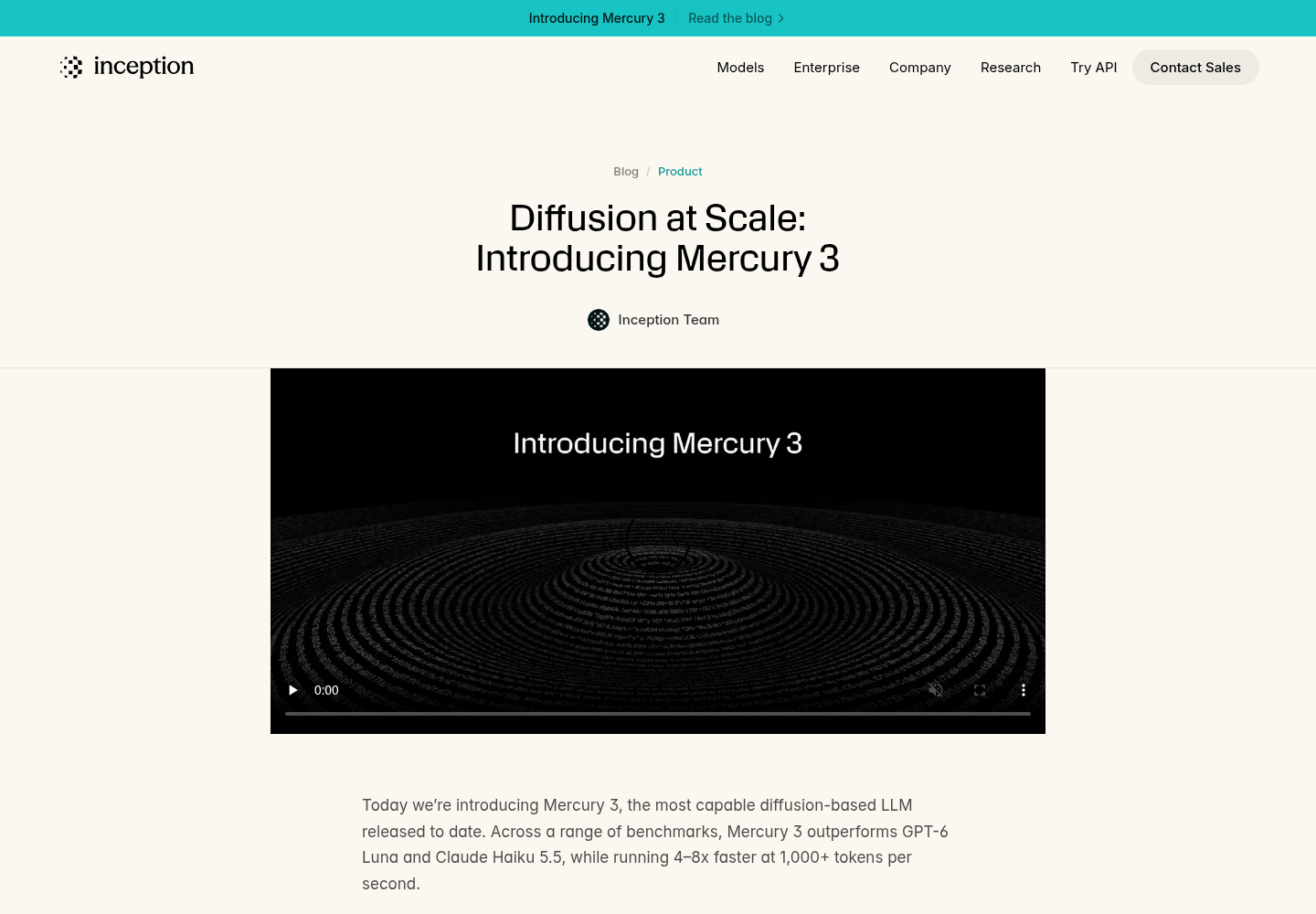 Inception's announcement page for Mercury 3, showing the page header, Diffusion at Scale title, byline and opening paragraph with the 1,000+ tokens-per-second claim.