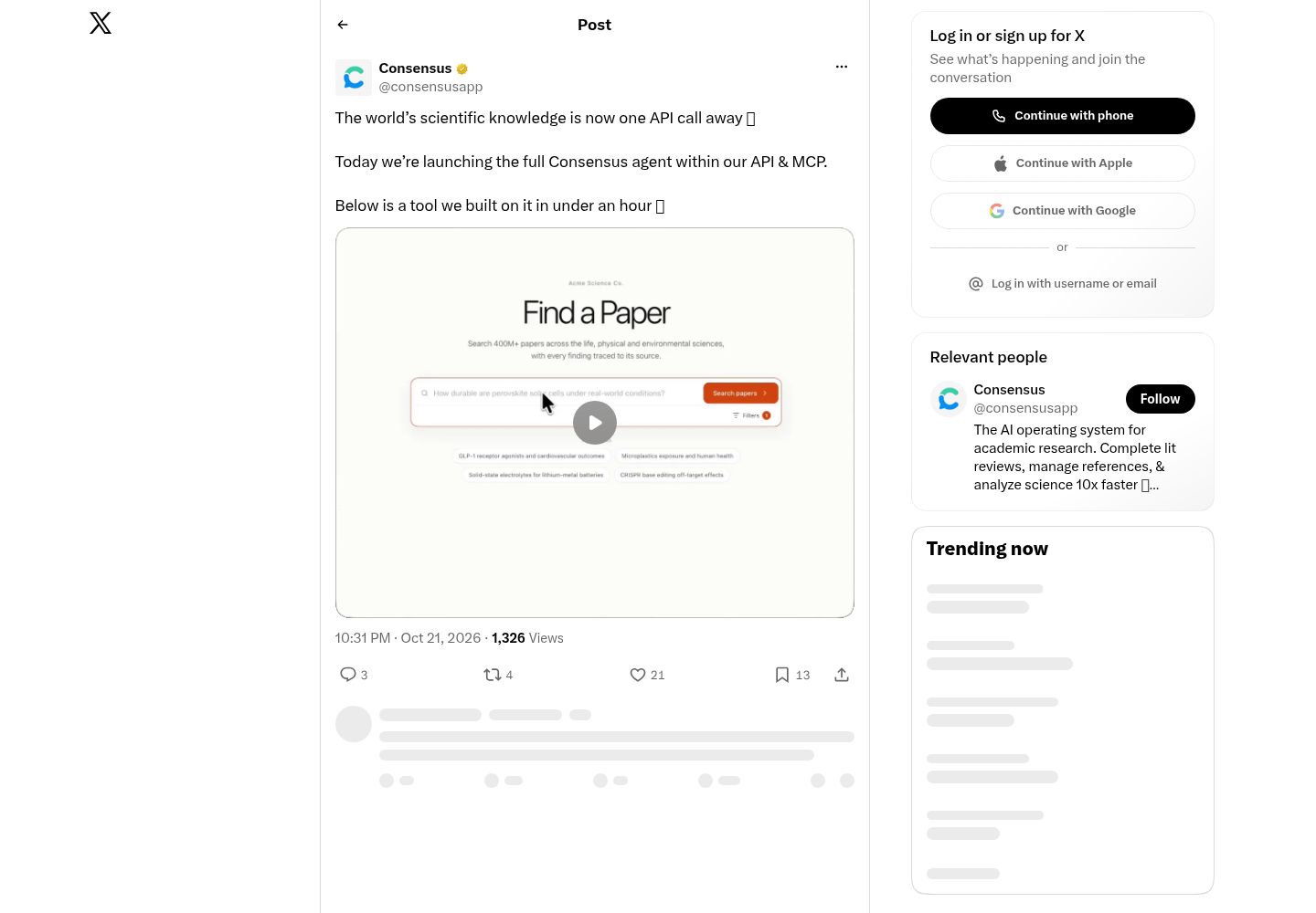 Consensus announcement post on X dated Oct 21, 2026 stating that the full Consensus agent is launching within its API and MCP.