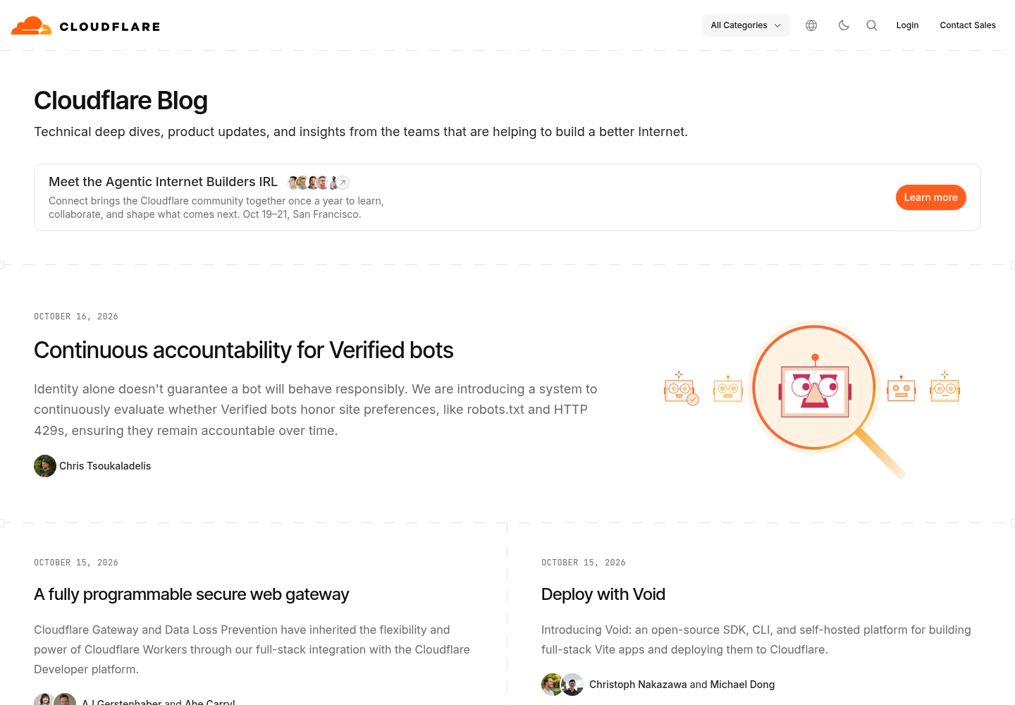 Cloudflare Blog index as captured: site header, an event banner, and the October 16, 2026 post Continuous accountability for Verified bots as the lead story with summary and author, above October 15, 2026 posts titled A fully programmable secure web gateway and Deploy with Void.