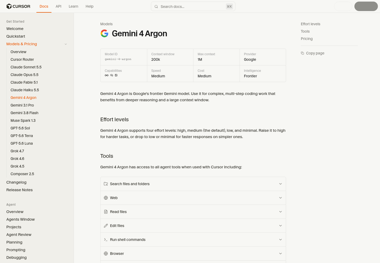 Cursor's documentation page for the Gemini 4 Argon model, showing the model ID, context window, provider and capability summary, the effort levels explanation, and the start of the expandable agent tools list