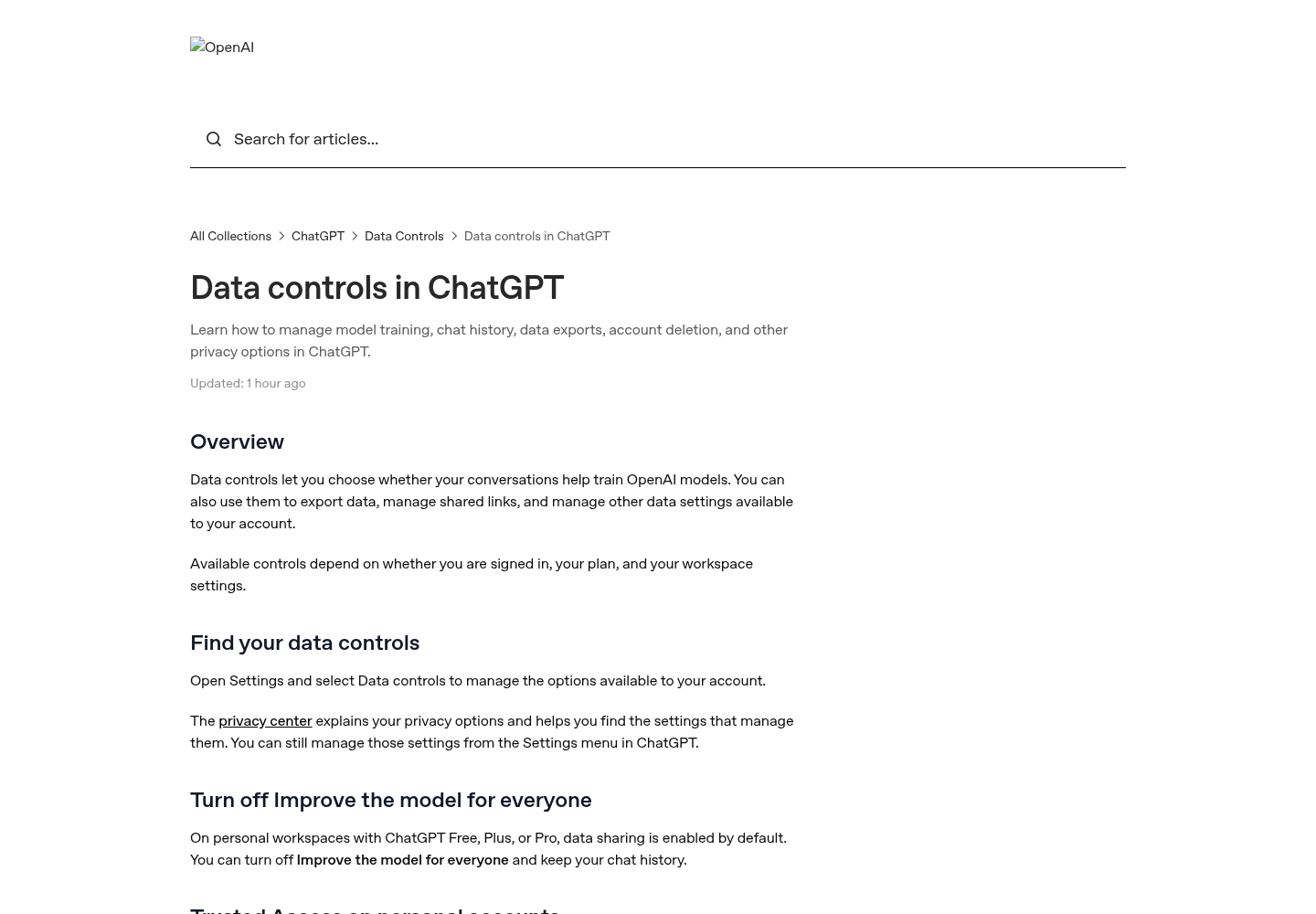 Archived OpenAI Help Center page titled Data controls in ChatGPT, with the Trusted Access on personal accounts section heading visible at the cut-off bottom edge of the capture.
