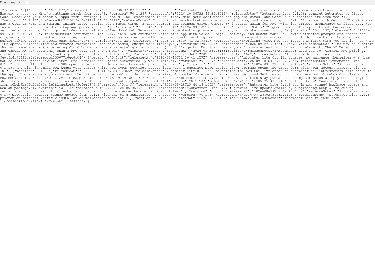 Screenshot of the Automater Lite releases JSON feed listing version numbers, timestamps and release notes.