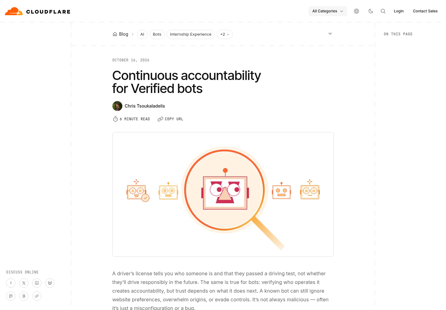 Cloudflare Blog post page as captured: breadcrumb tags, the date October 16, 2026, the title Continuous accountability for Verified bots, author Chris Tsoukaladelis, a 6 minute read marker, a header illustration of robots under a magnifying glass, and the opening paragraph about driver's licenses and bot trust.