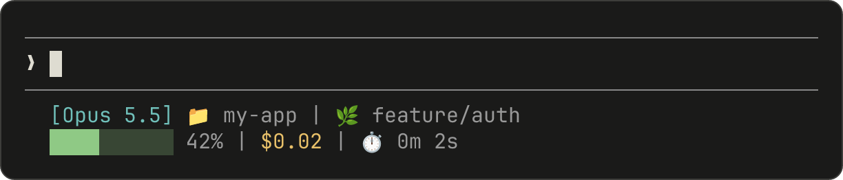 Anthropic's example of a multi-line Claude Code status line, with git information on the first row and a color-coded context usage bar on the second.