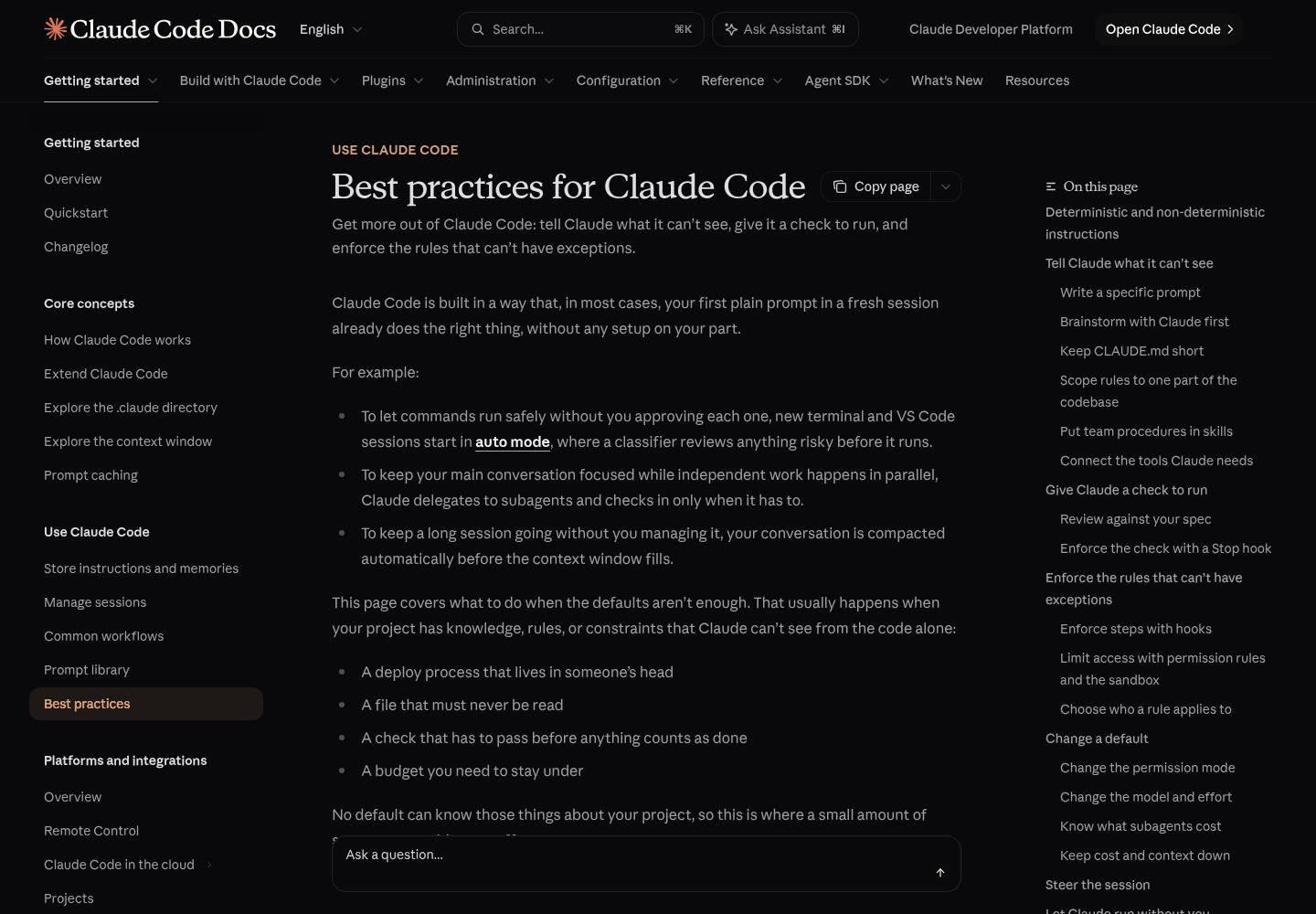 Anthropic's Best practices for Claude Code documentation page on code.claude.com, showing the page title and its opening text.