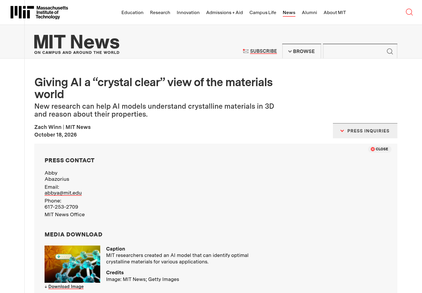 MIT News article page announcing the multimodal crystal-structure AI research, dated October 18, 2026.