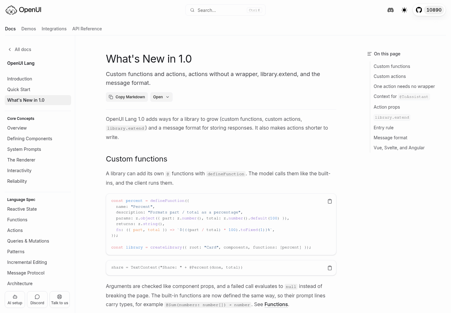 The OpenUI documentation page titled What's New in 1.0, covering custom functions, custom actions, library.extend and the message format.