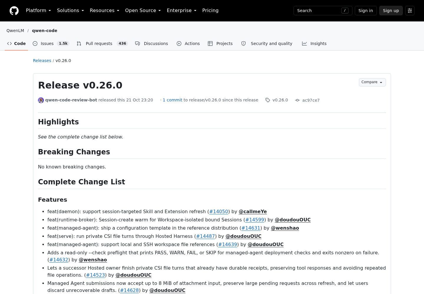 GitHub release page for QwenLM qwen-code v0.26.0 showing the release title, the 21 Oct 23:20 publication timestamp, tag v0.26.0, commit ac97ce7 and the opening of the change list