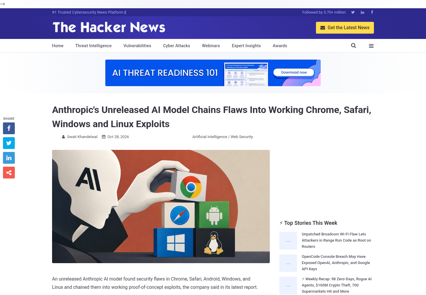 The Hacker News article with a comparison table listing the Chrome, Safari, Android, Windows and Linux exploit chains, what each does, and where each fix landed