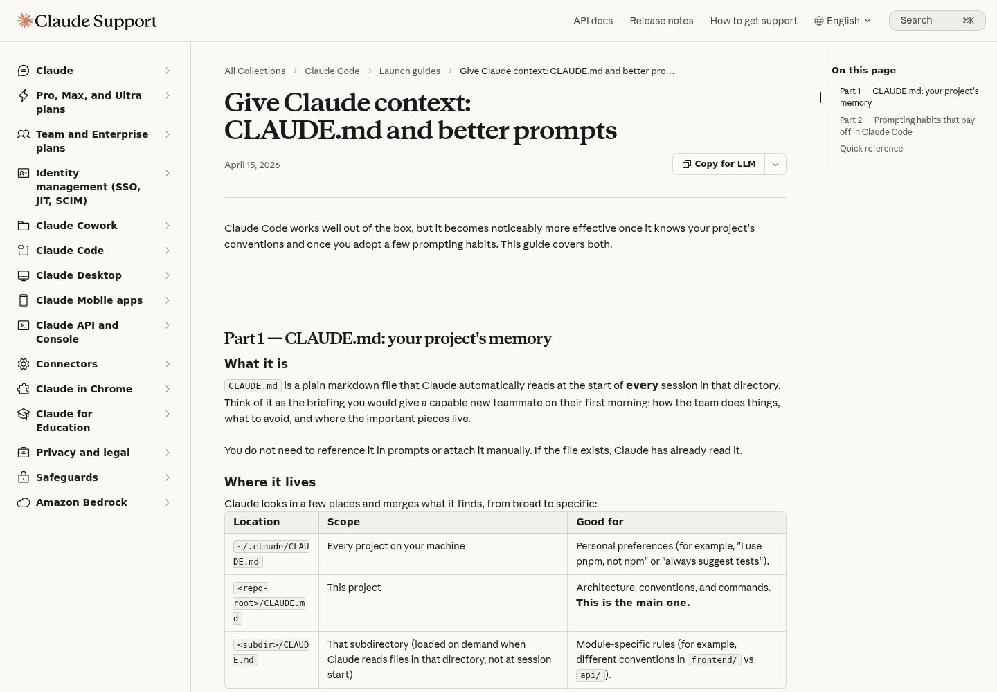 Claude Help Center article titled Give Claude context: CLAUDE.md and better prompts, shown at the top of the page on support.claude.com.