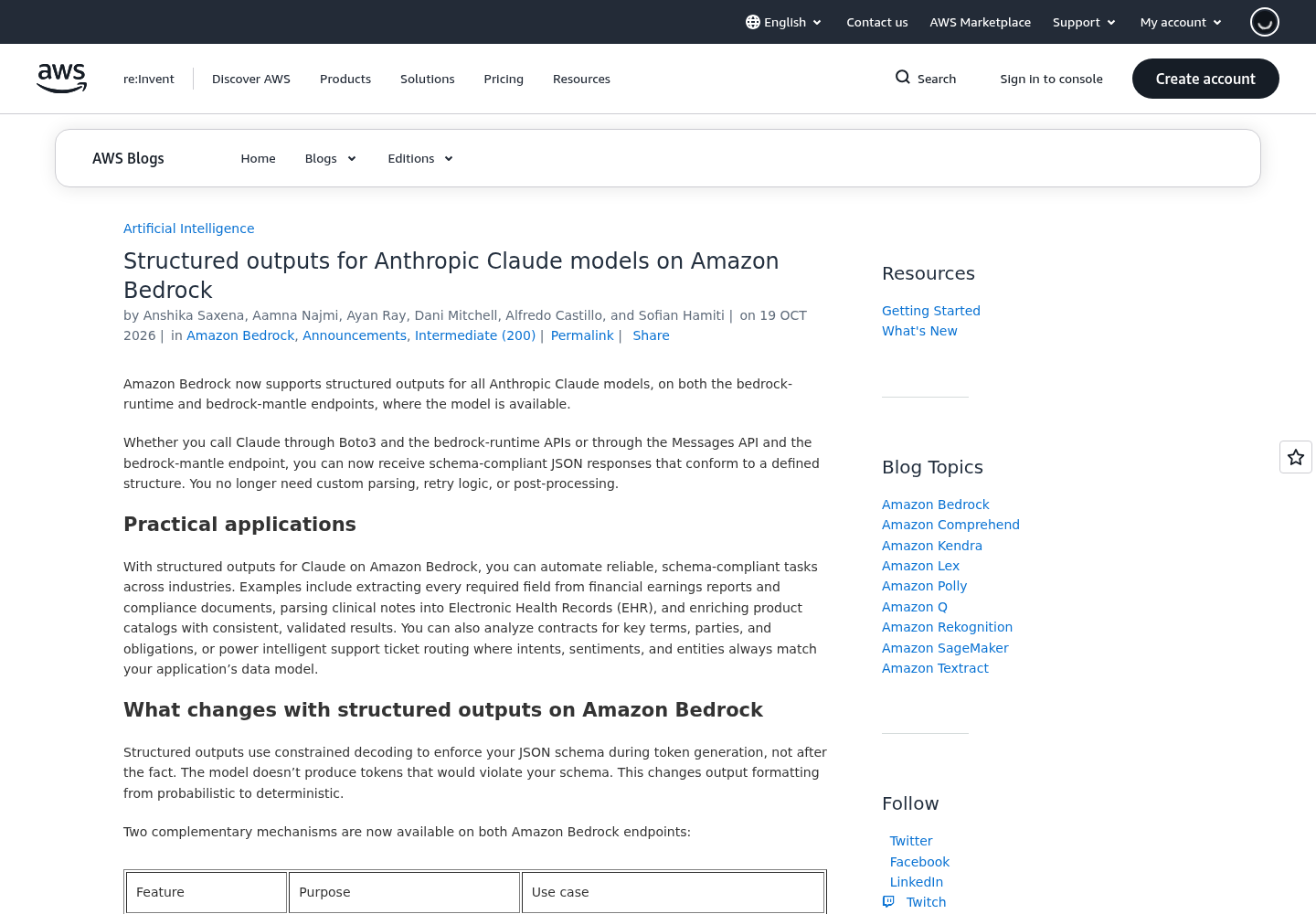 The AWS Machine Learning Blog launch post titled Structured outputs for Anthropic Claude models on Amazon Bedrock.
